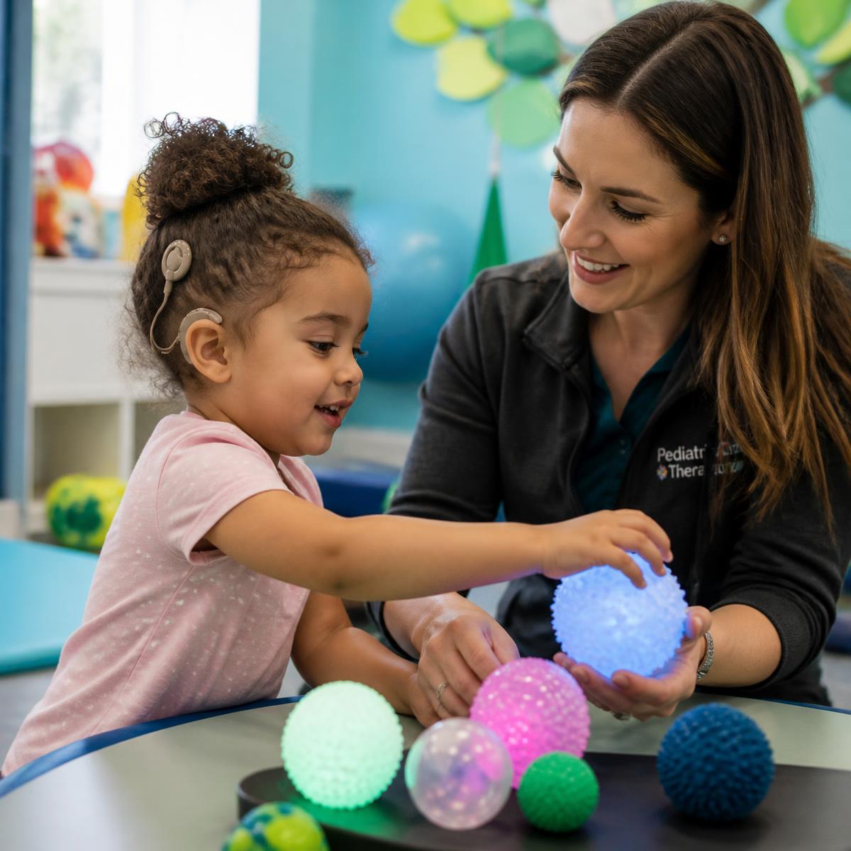 Clinician guiding a child through a sensory-motor developmental activity