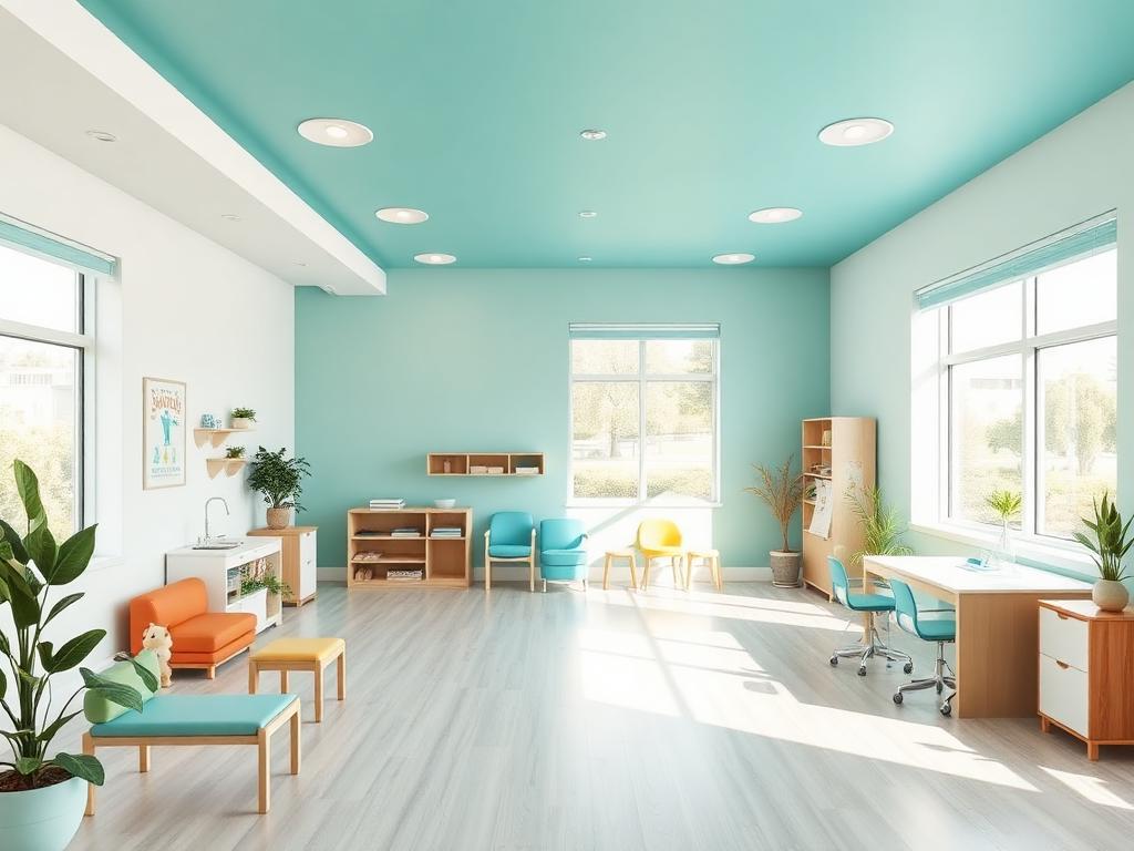 A calm, warmly lit pediatric therapy room prepared for a session