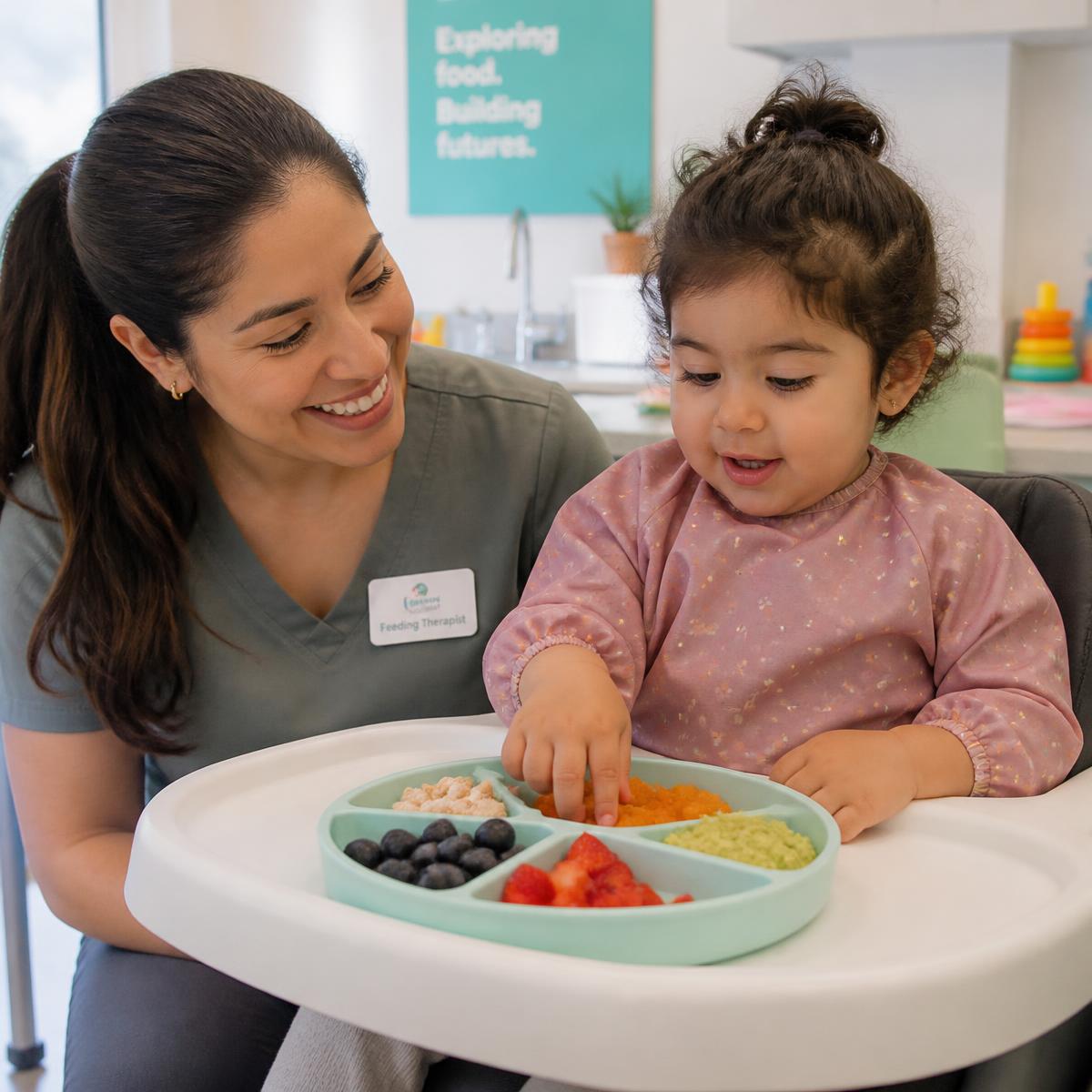 Young child exploring foods during a feeding therapy session