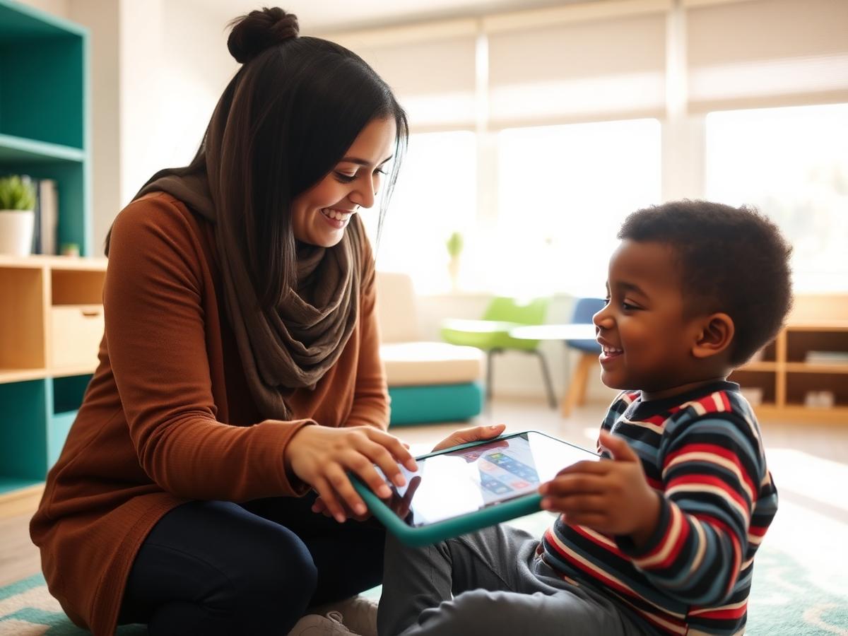 A young Black boy smiling while using an AAC speech-generating device with his speech-language pathologist