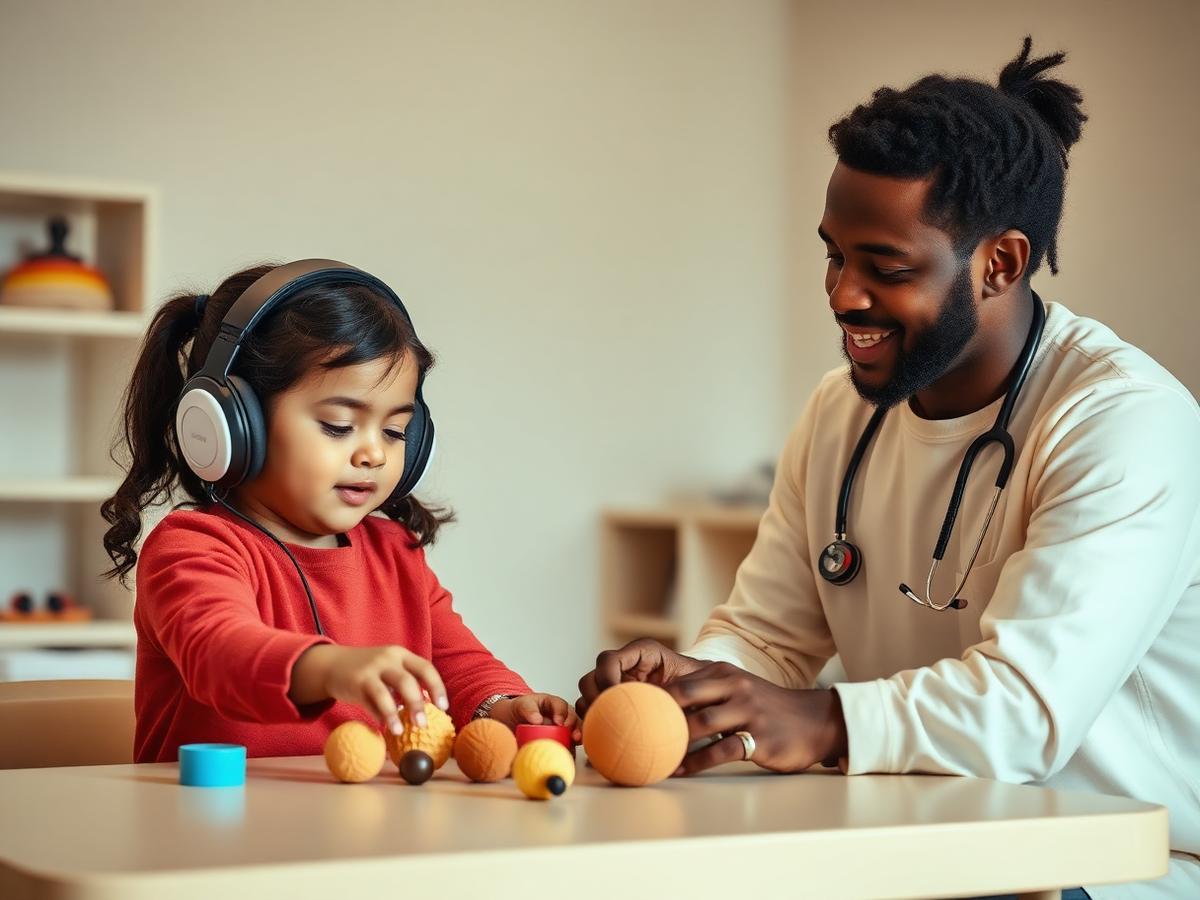 An autistic child wearing noise-reducing headphones exploring sensory toys with a clinician