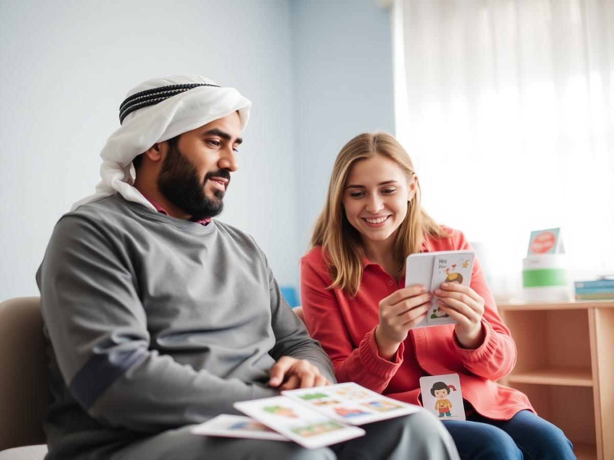 A father and his son practicing communication with picture cards alongside a speech-language pathologist