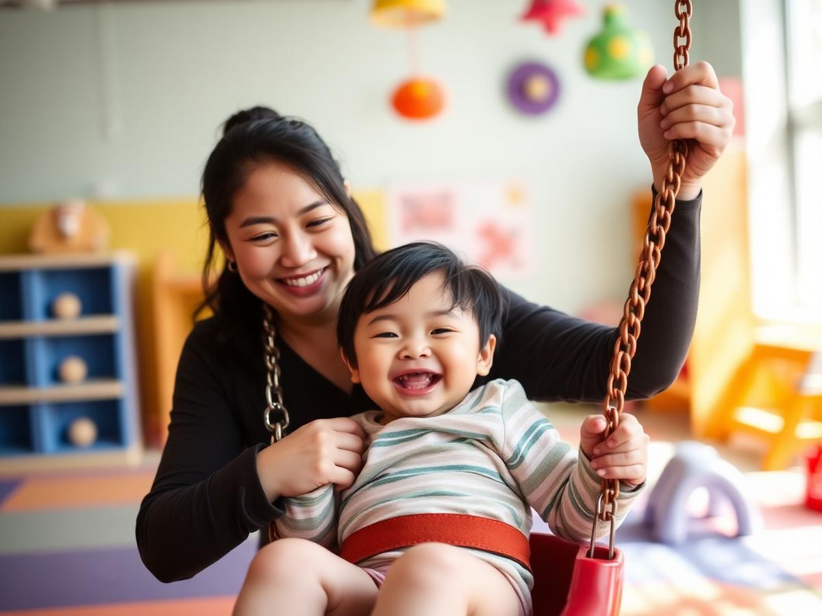 A pediatric occupational therapist supporting a laughing child on a sensory swing