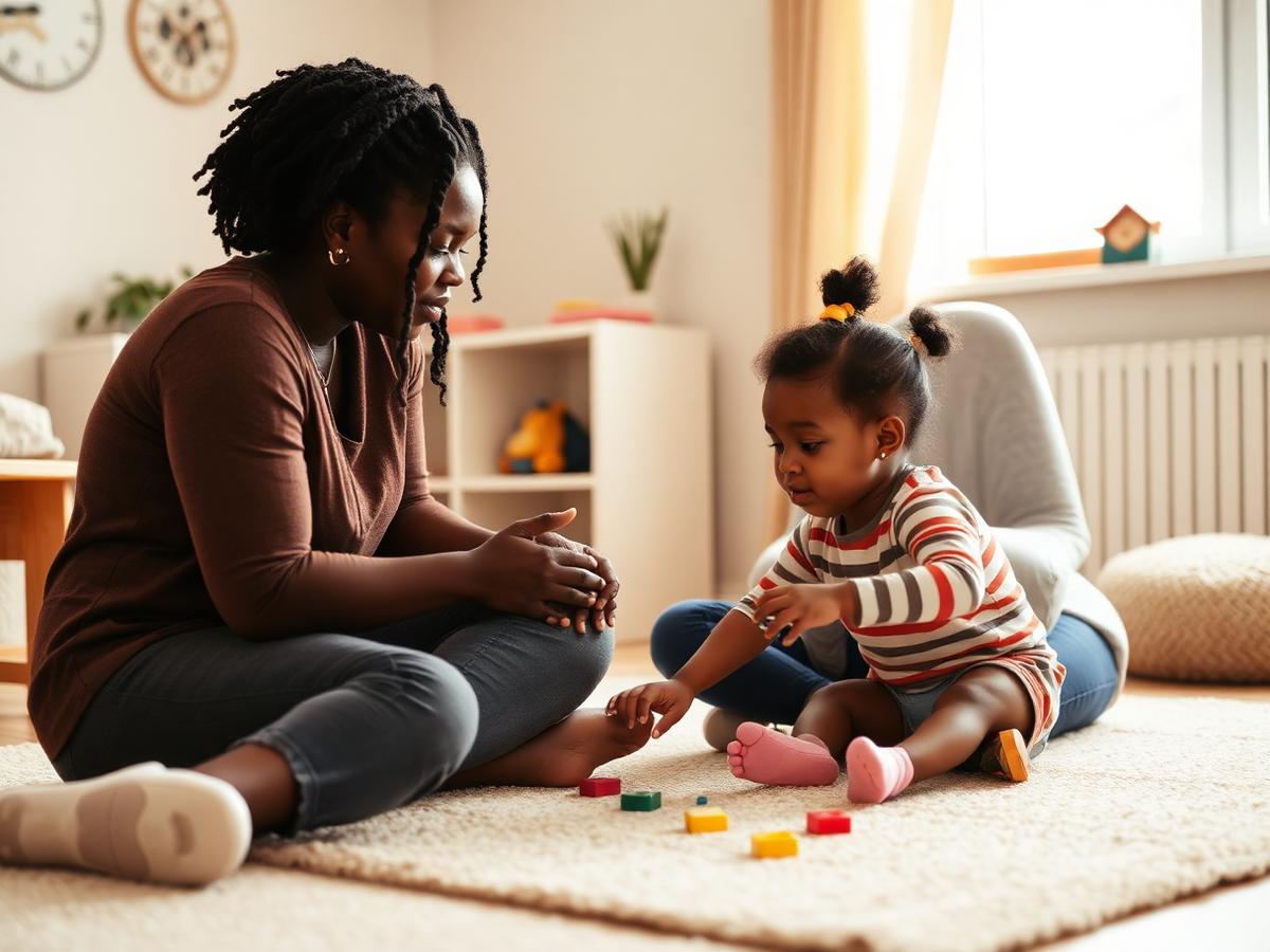 A therapist coaching a mother as she plays with her toddler on the floor