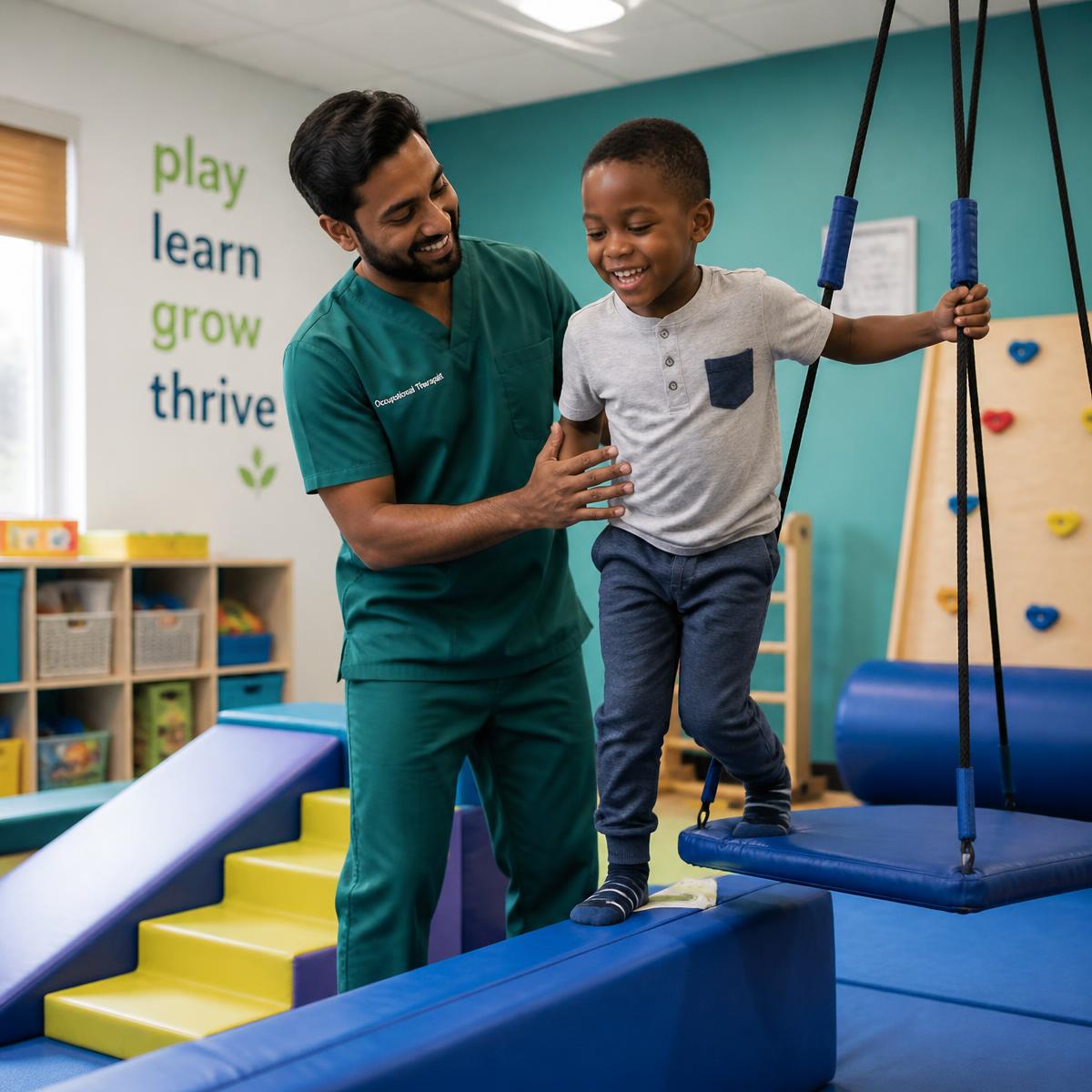 Child engaged in a sensory motor occupational therapy activity