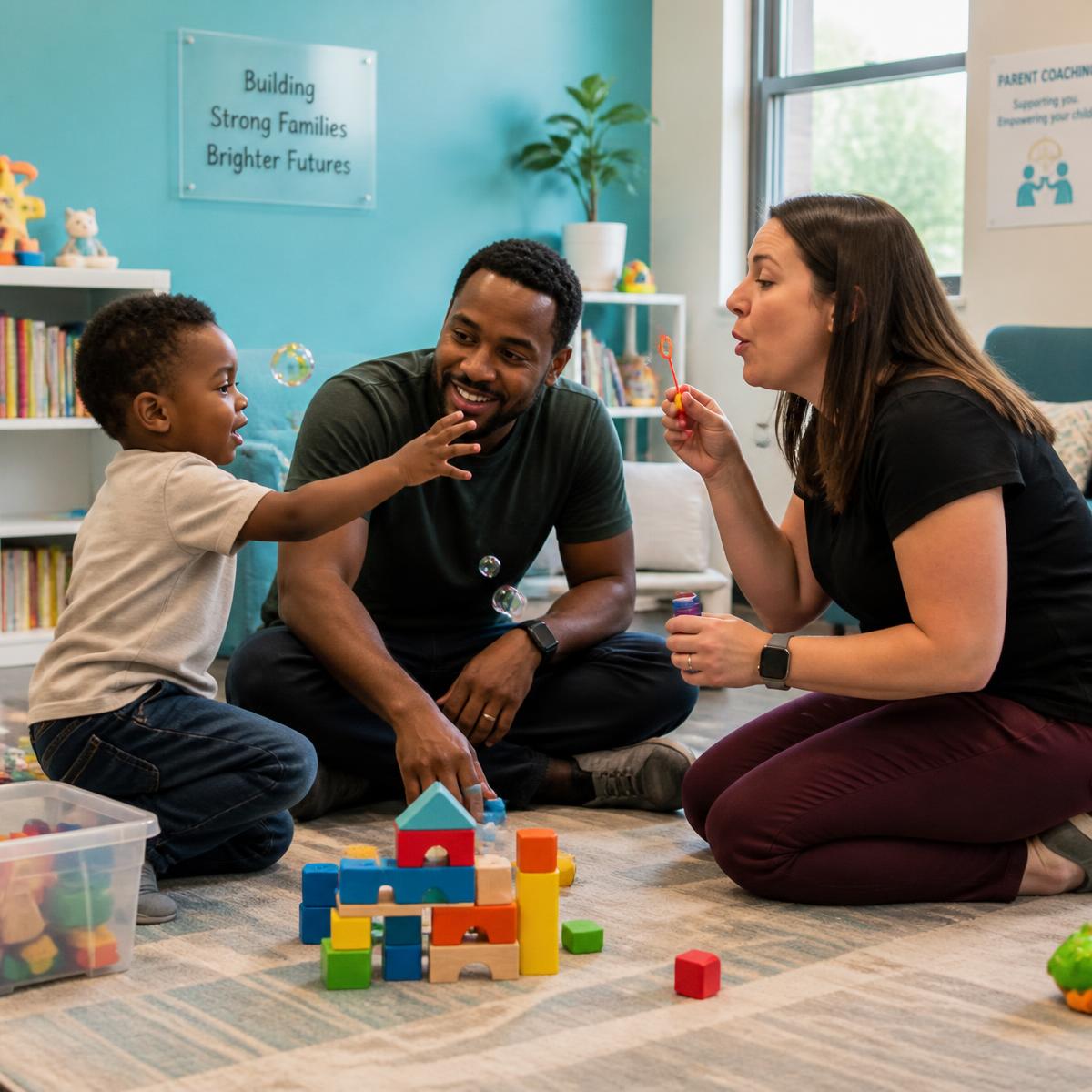 Therapist coaching a parent during a play-based session with their child