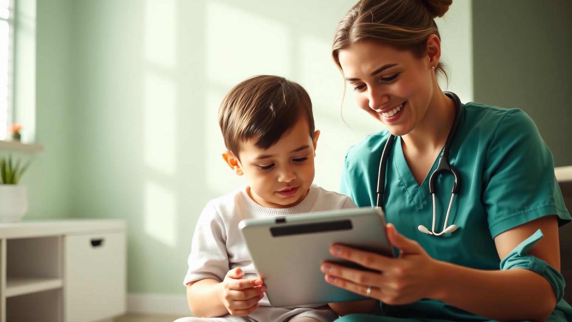 Pediatric speech therapist supporting a young child using an AAC tablet device