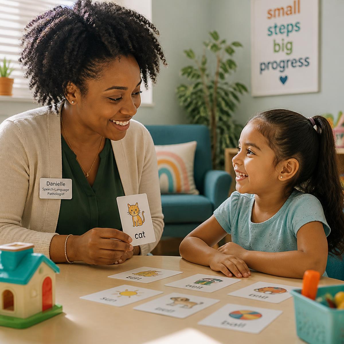 Speech-language pathologist working with a young child at a therapy table